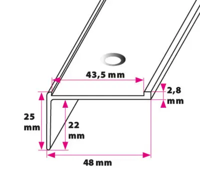 Trappe forkant for 43 mm. innsats, rett vinkel - midthull