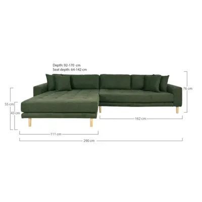 Lido Lounge Sofa - Sofa venstrevendt i olivengrøn med fire puder 