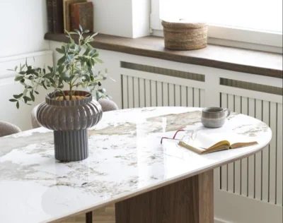 Athens Spisebord, keramik bordplade i hvid og brun, 210 mm - UDSOLGT TIL UGE 21